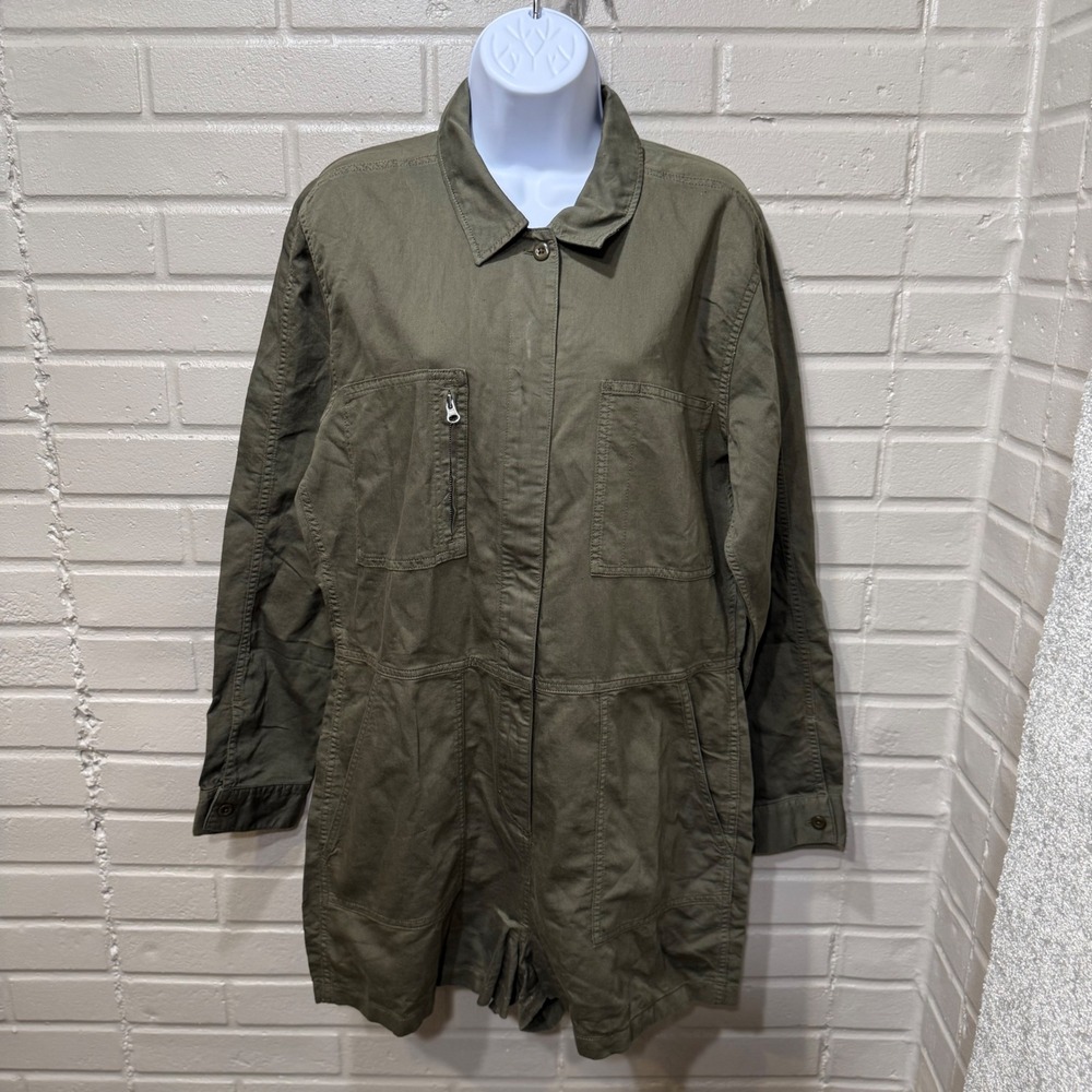 Outerknown Station Suit Shortall Linen Cotton Olive Night Utility Romper NWT L - Picture 7 of 16